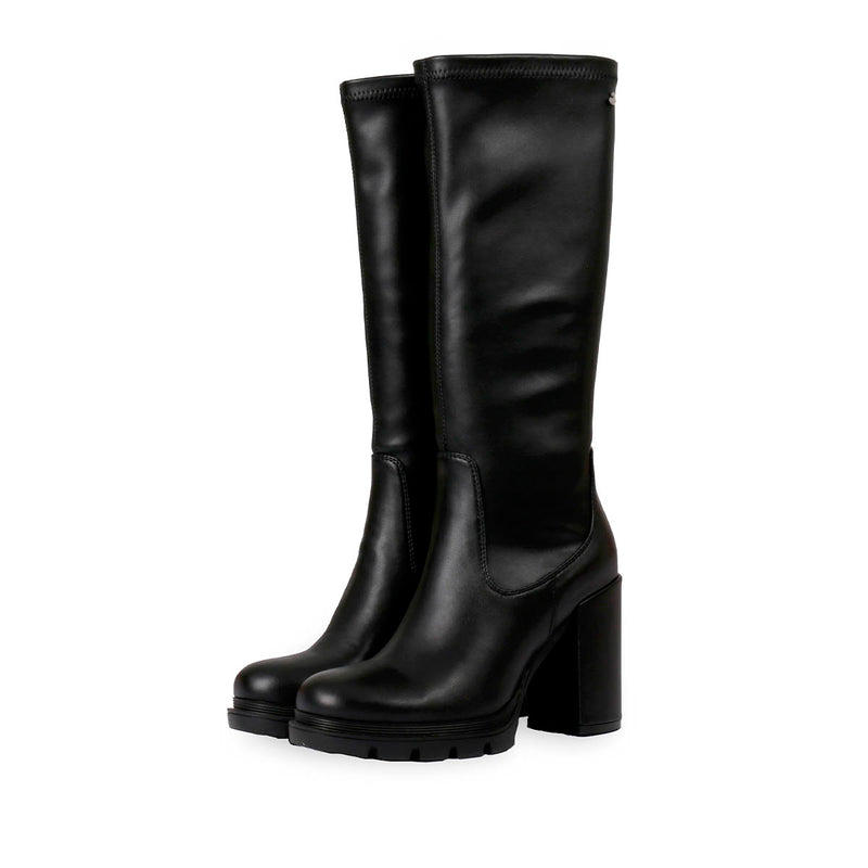 Bota negra alta de punta redondeada con plataforma track y tacón alto para mujer weidingen