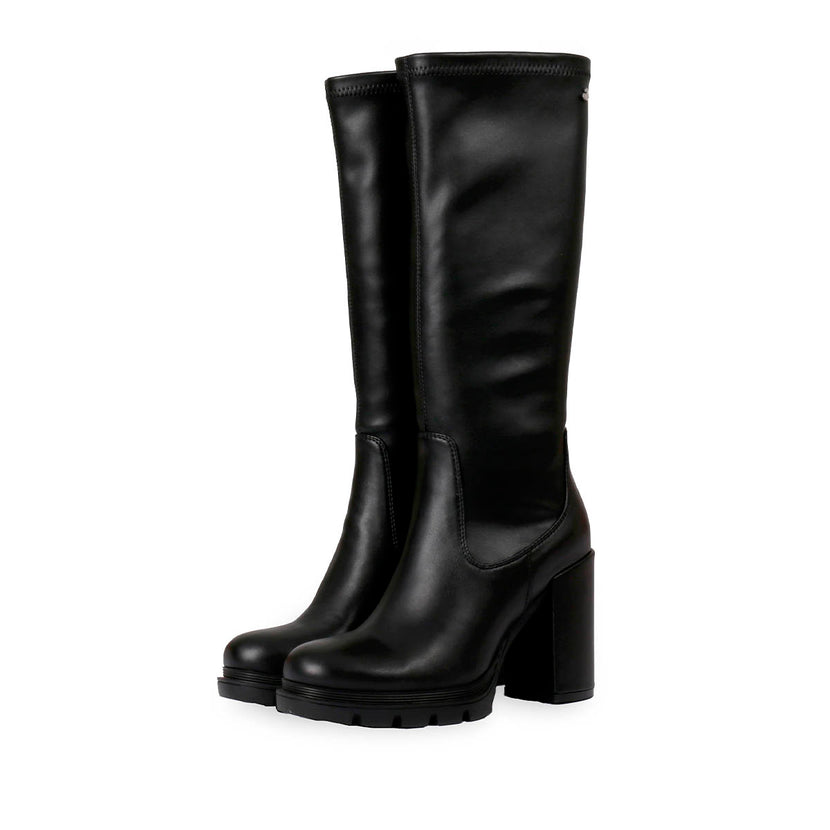 Bota negra alta de punta redondeada con plataforma track y tacón alto para mujer weidingen