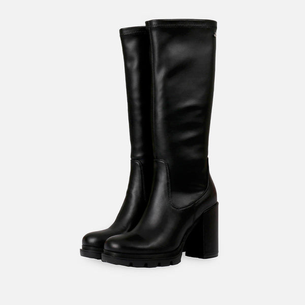 Bota negra alta de punta redondeada con plataforma track y tacón alto para mujer weidingen