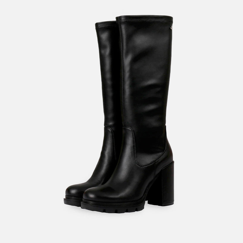 Bota negra alta de punta redondeada con plataforma track y tacón alto para mujer weidingen