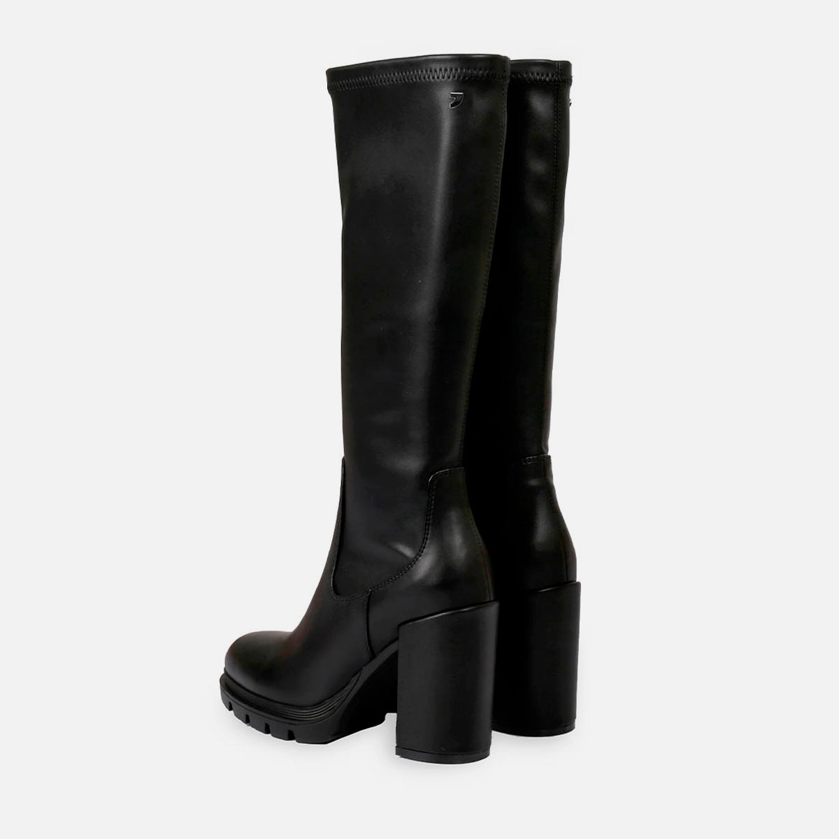 Stivali alti neri da donna weidingen, a punta arrotondata con plateau track e tacco alto.