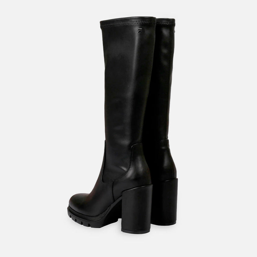 Bota negra alta de punta redondeada con plataforma track y tacón alto para mujer weidingen
