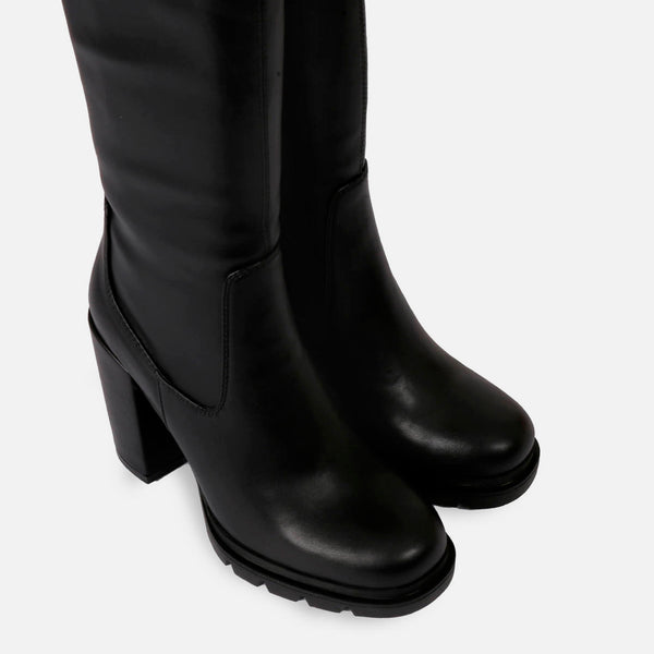 Bota negra alta de punta redondeada con plataforma track y tacón alto para mujer weidingen
