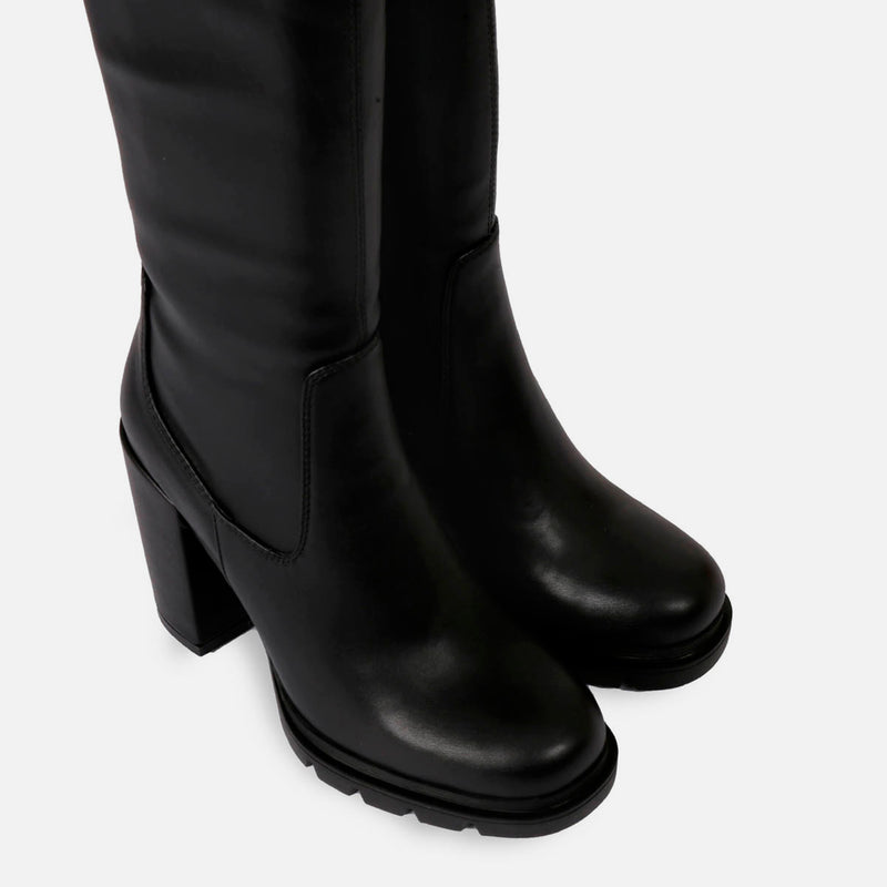 Bota negra alta de punta redondeada con plataforma track y tacón alto para mujer weidingen