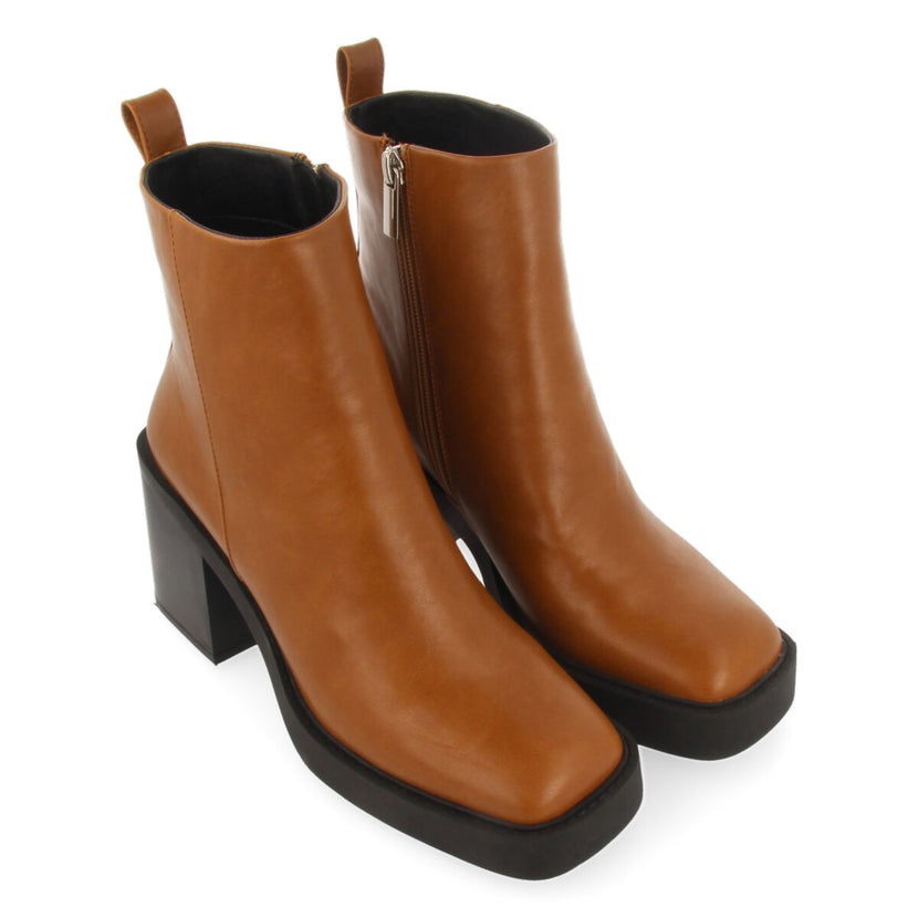 Altrier women's tan ankle boots with square toes, thick platforms and wide heels