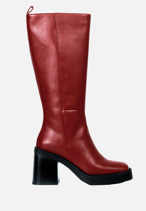 Goeblange women's straight burgundy knee-high boots with square toes, a thick platform and wide heels