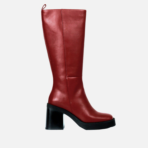 BOTA BURDEOS ALTA LISA DE PUNTA CUADRADA CON PLATAFORMA GRUESA Y TACÓN ANCHO PARA MUJER GOEBLANGE