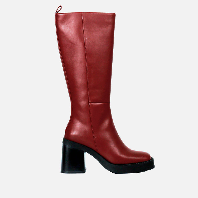Bota burdeos alta lisa de punta cuadrada con plataforma gruesa y tacón ancho para mujer goeblange