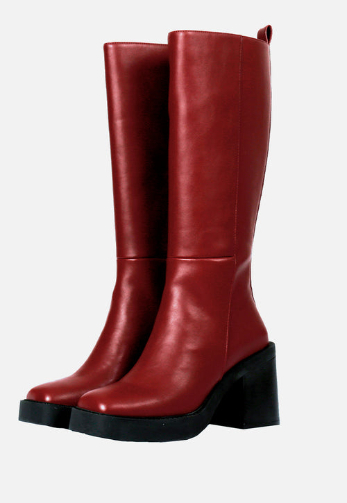 Goeblange women's straight burgundy knee-high boots with square toes, a thick platform and wide heels