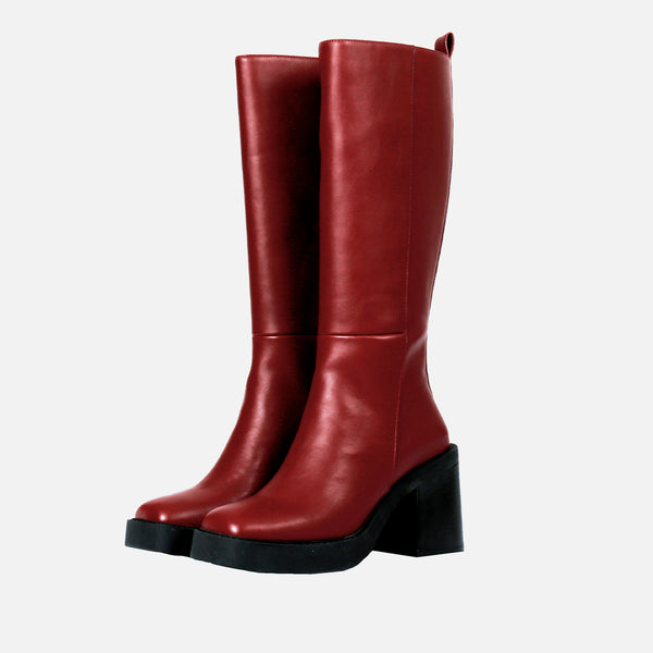 Bota burdeos alta lisa de punta cuadrada con plataforma gruesa y tacón ancho para mujer goeblange