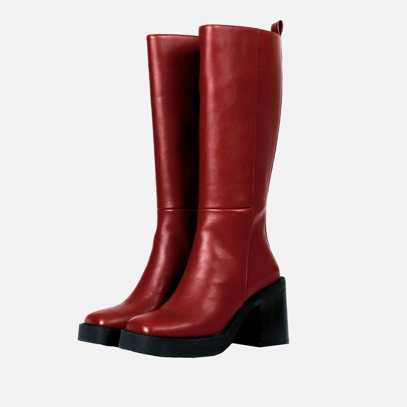 Bota burdeos alta lisa de punta cuadrada con plataforma gruesa y tacón ancho para mujer goeblange