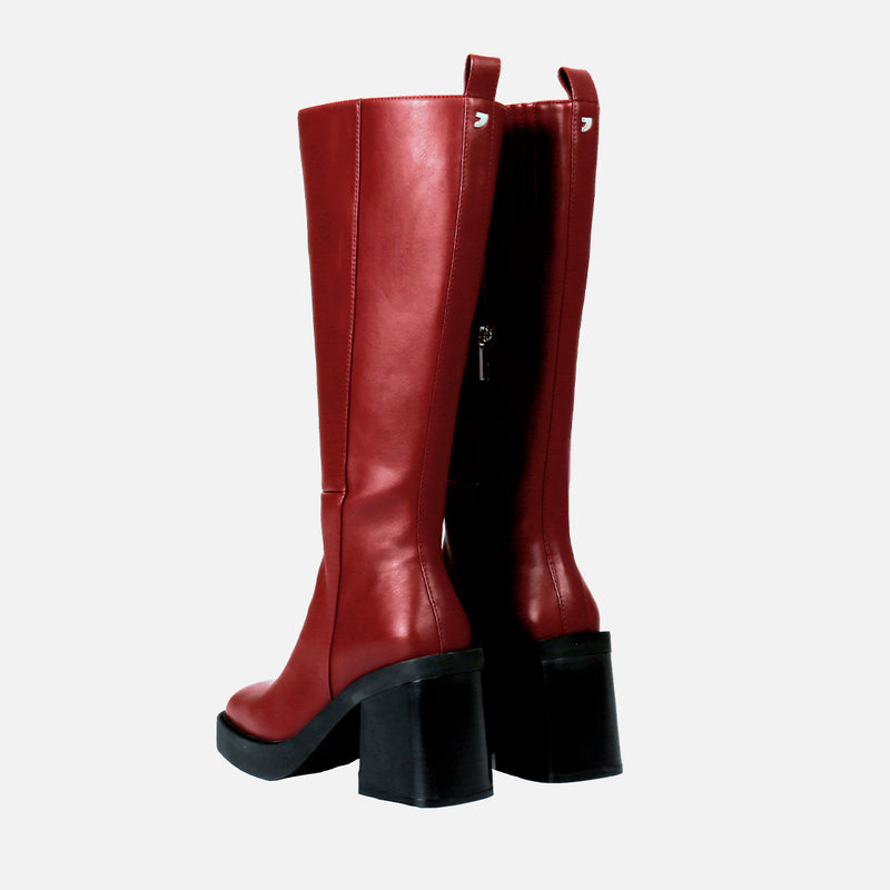 Bota burdeos alta lisa de punta cuadrada con plataforma gruesa y tacón ancho para mujer goeblange
