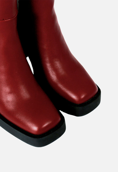 Goeblange women's straight burgundy knee-high boots with square toes, a thick platform and wide heels
