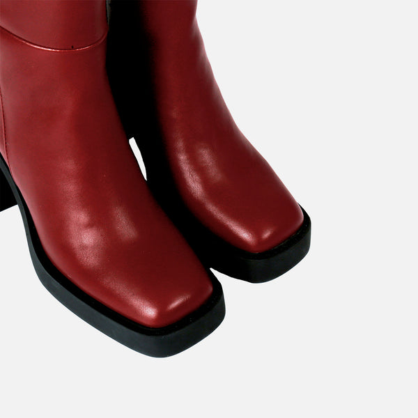Bota burdeos alta lisa de punta cuadrada con plataforma gruesa y tacón ancho para mujer goeblange