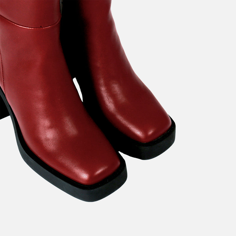 Bota burdeos alta lisa de punta cuadrada con plataforma gruesa y tacón ancho para mujer goeblange
