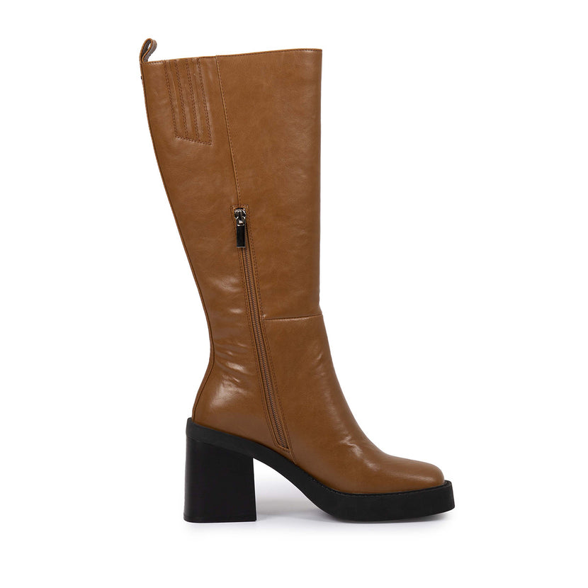 Bota color cuero alta lisa de punta cuadrada con plataforma gruesa y tacón ancho para mujer goeblange