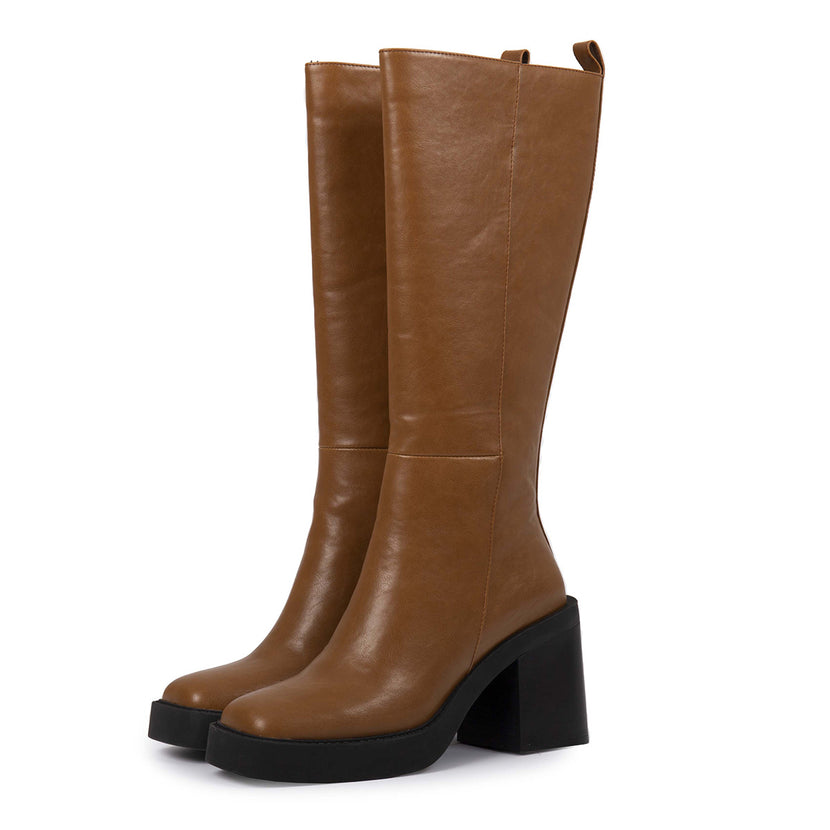 Bota color cuero alta lisa de punta cuadrada con plataforma gruesa y tacón ancho para mujer goeblange
