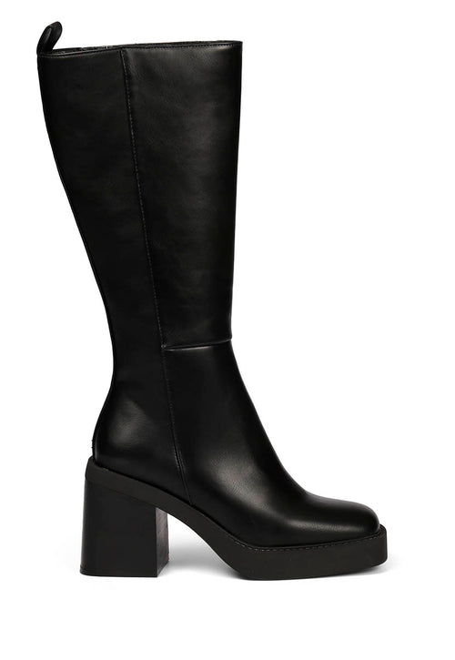Goeblange women's straight black knee-high boots with square toes, a thick platform and wide heels