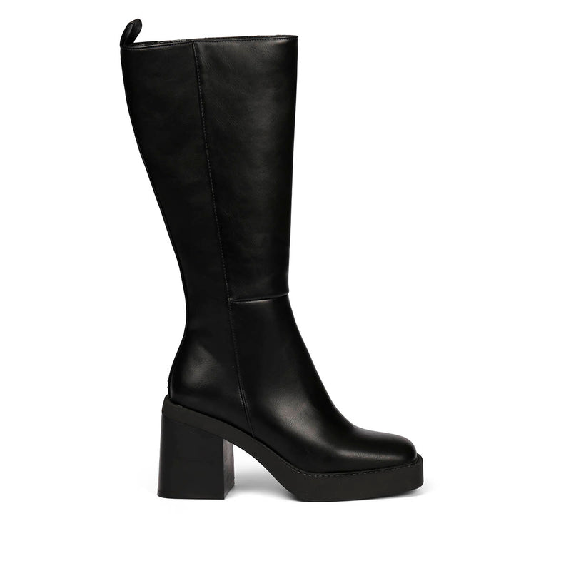 Bota negra alta lisa de punta cuadrada con plataforma gruesa y tacón ancho para mujer goeblange