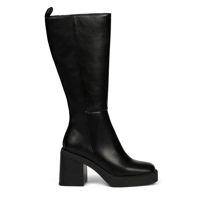Bota negra alta lisa de punta cuadrada con plataforma gruesa y tacón ancho para mujer goeblange