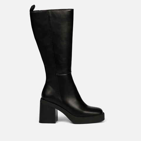 BOTA NEGRA ALTA LISA DE PUNTA CUADRADA CON PLATAFORMA GRUESA Y TACÓN ANCHO PARA MUJER GOEBLANGE