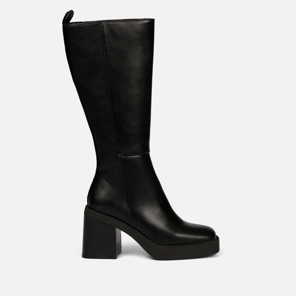 Bota negra alta lisa de punta cuadrada con plataforma gruesa y tacón ancho para mujer goeblange
