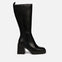 Bota negra alta lisa de punta cuadrada con plataforma gruesa y tacón ancho para mujer goeblange