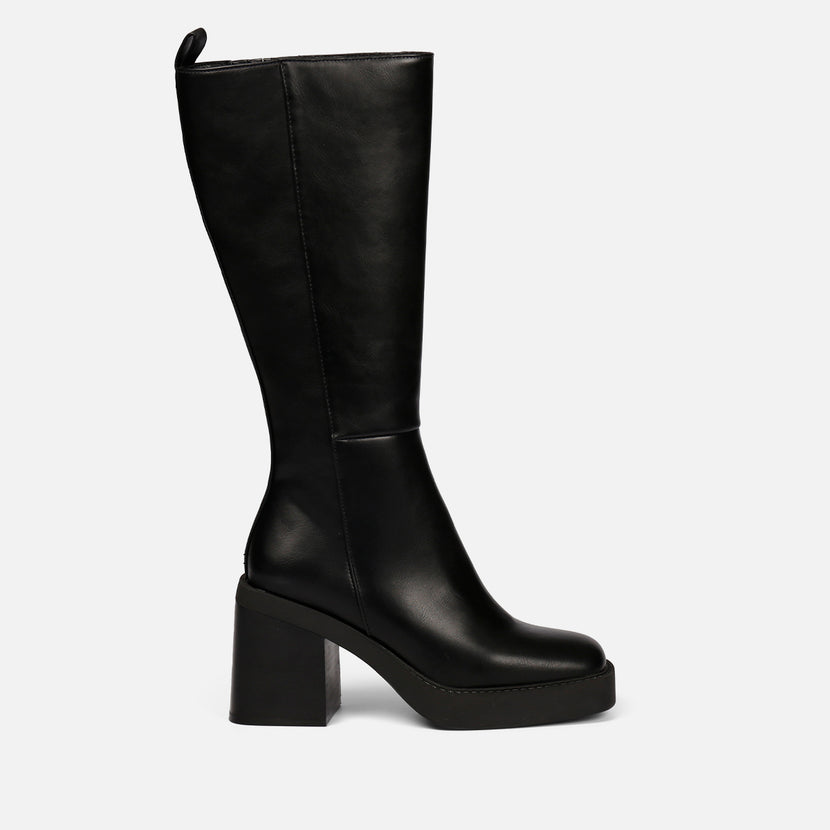 Bota negra alta lisa de punta cuadrada con plataforma gruesa y tacón ancho para mujer goeblange