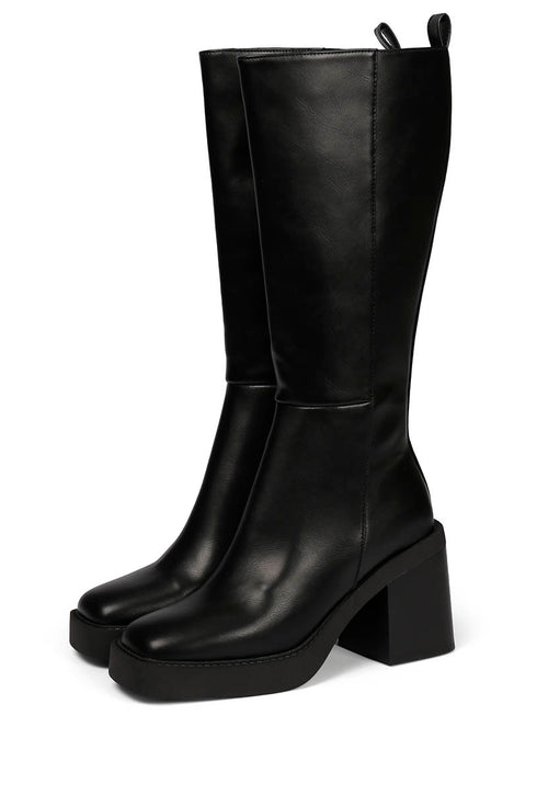 Goeblange women's straight black knee-high boots with square toes, a thick platform and wide heels