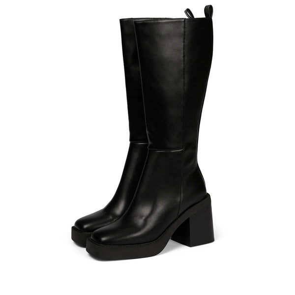 Bota negra alta lisa de punta cuadrada con plataforma gruesa y tacón ancho para mujer goeblange