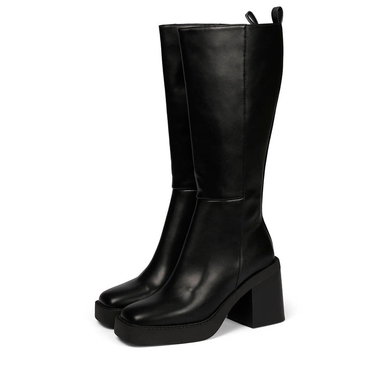 Bota negra alta lisa de punta cuadrada con plataforma gruesa y tacón ancho para mujer goeblange