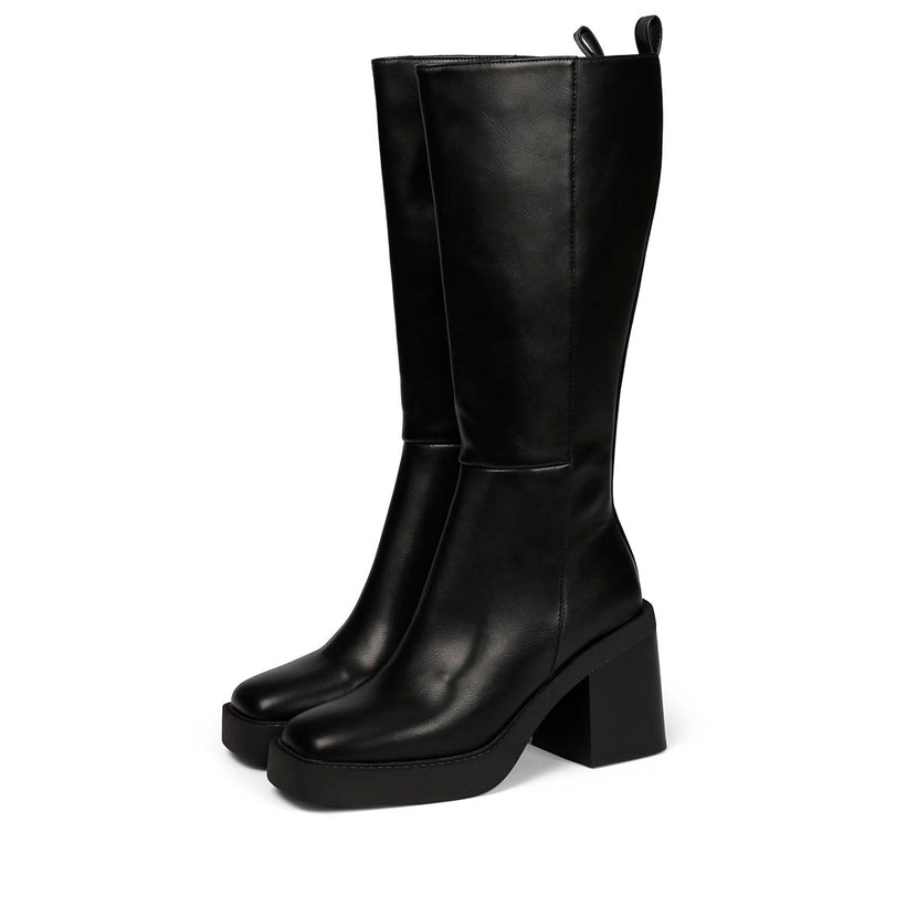Bota negra alta lisa de punta cuadrada con plataforma gruesa y tacón ancho para mujer goeblange