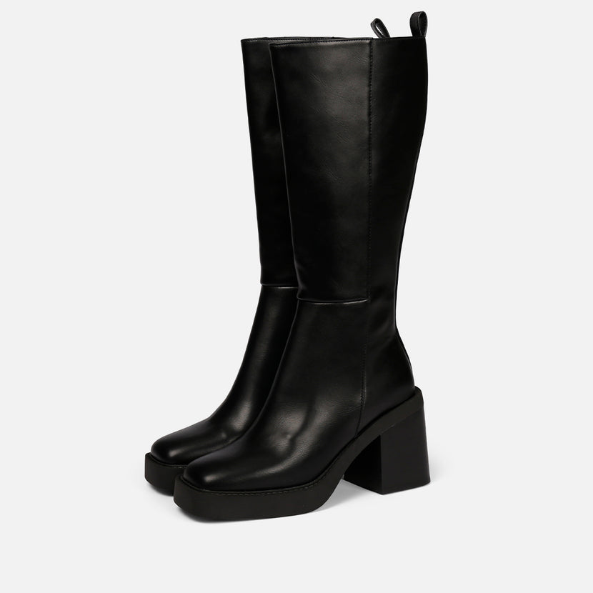 Bota negra alta lisa de punta cuadrada con plataforma gruesa y tacón ancho para mujer goeblange