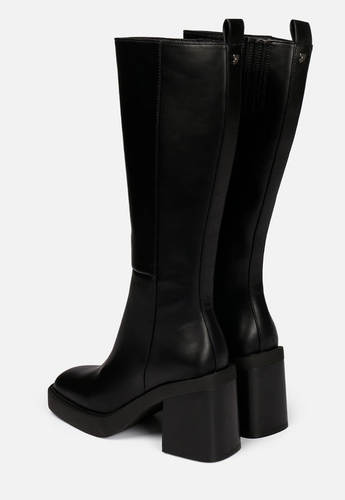 Goeblange women's straight black knee-high boots with square toes, a thick platform and wide heels
