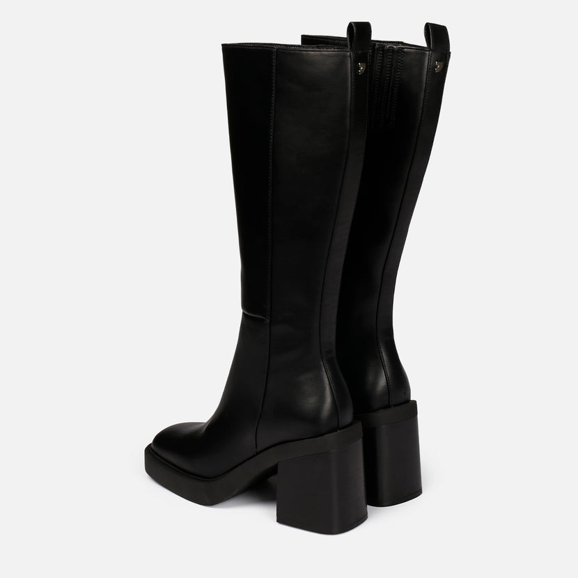 Bota negra alta lisa de punta cuadrada con plataforma gruesa y tacón ancho para mujer goeblange