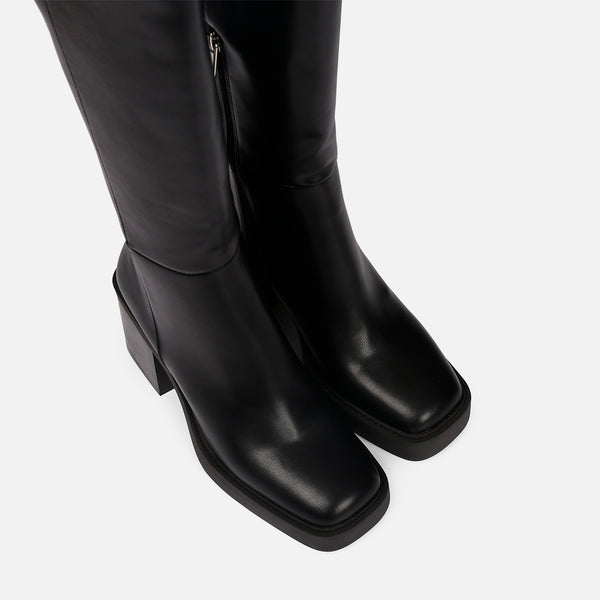 Bota negra alta lisa de punta cuadrada con plataforma gruesa y tacón ancho para mujer goeblange