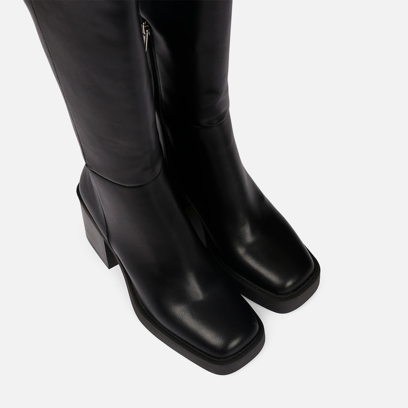 Bota negra alta lisa de punta cuadrada con plataforma gruesa y tacón ancho para mujer goeblange