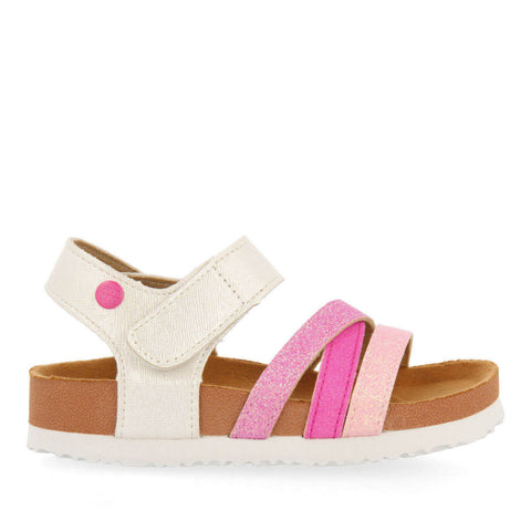 SAUMOS GIRLS MULTICOLOURED SHINY FOOTBED SANDALS IN SHADES OFINK