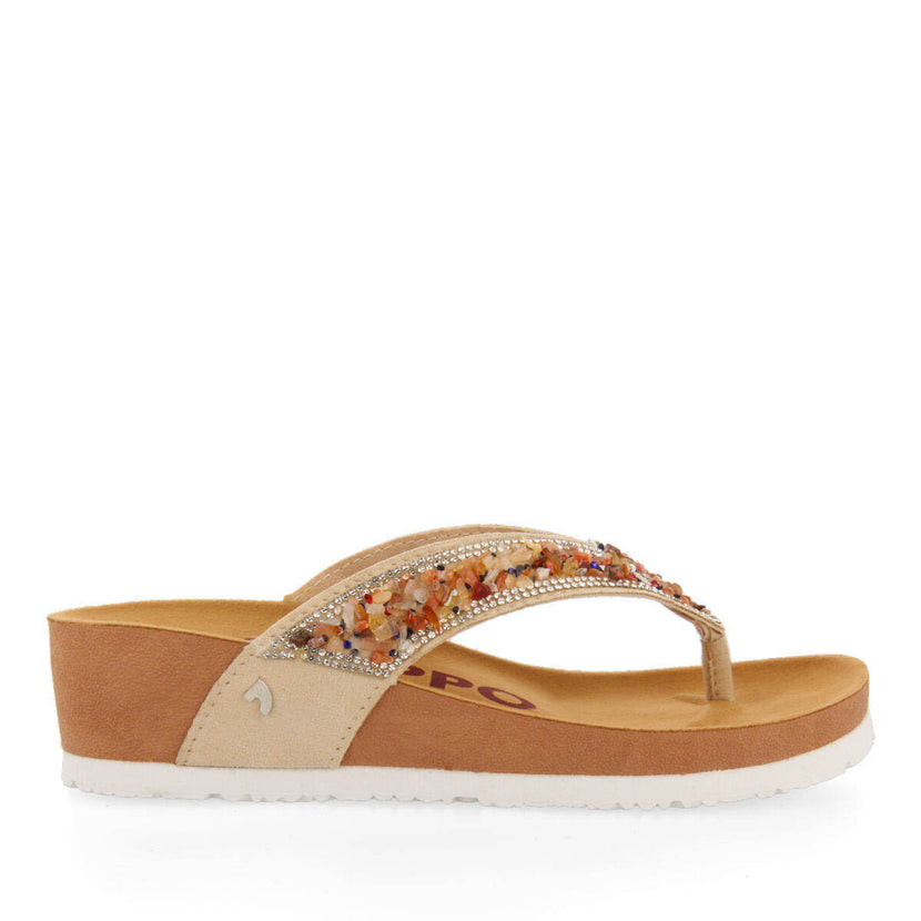 Ciabattine stile bio beige con zeppa e dettaglio di pietre multicolore per donna athis 