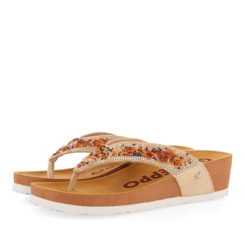 Athis women's beige footbed wedges with decorative multicoloured stones