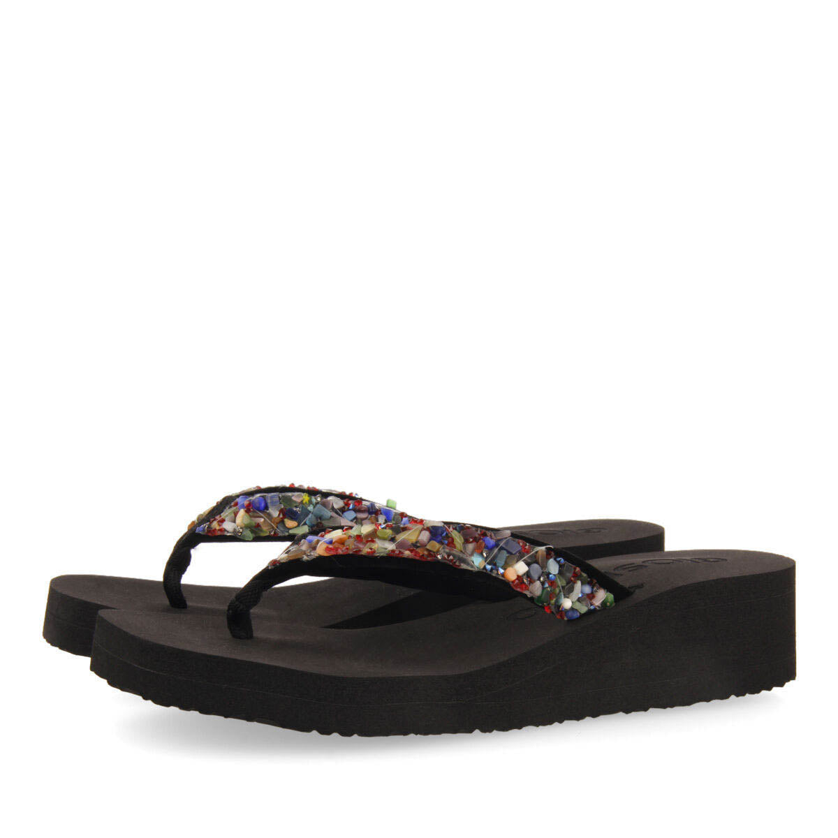 Destord women's black wedges with decorative multicoloured stones