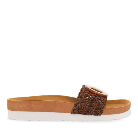 CANDIVA WOMEN'S BROWN FOOTBED SLIDE SANDALS WITH DECORATION