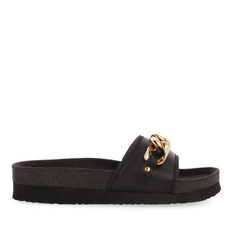 CARLINDA BLACK FOOTBED SLIDE SANDALS WITH DECORATIVE CHAIN