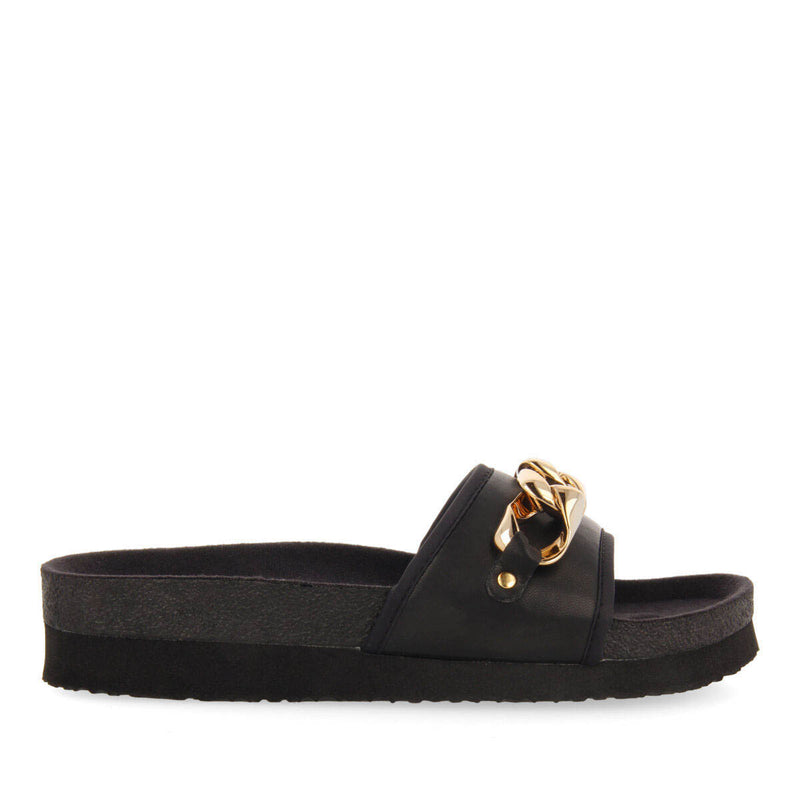 Carlinda black footbed slide sandals with decorative chain