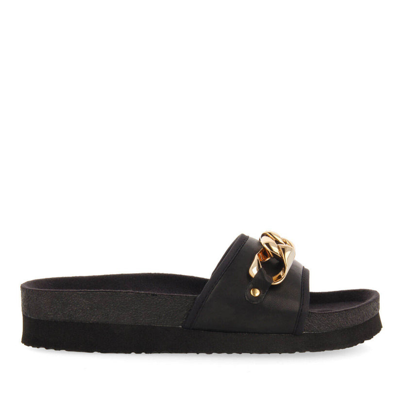 Carlinda black footbed slide sandals with decorative chain