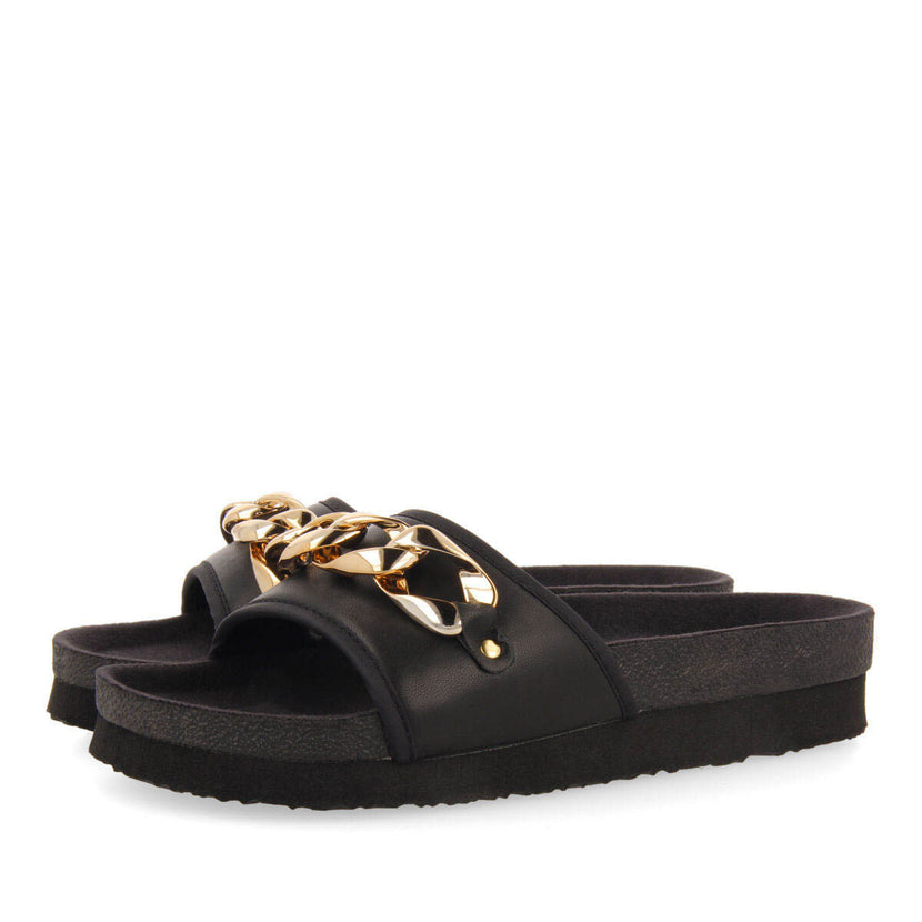 Carlinda black footbed slide sandals with decorative chain