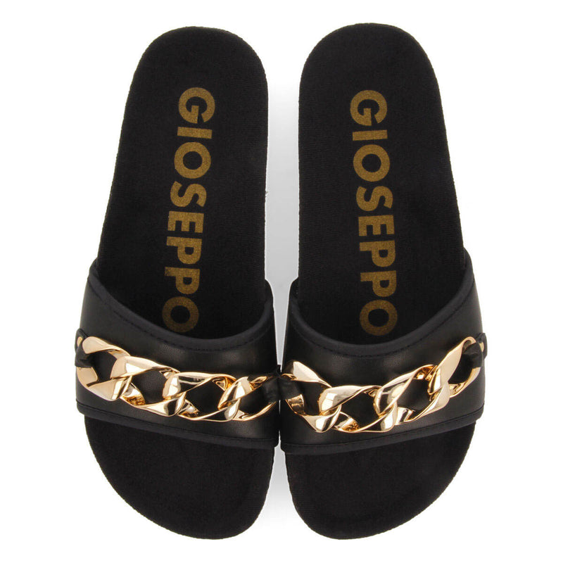 Carlinda black footbed slide sandals with decorative chain