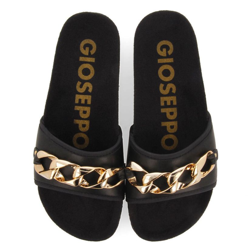 Carlinda black footbed slide sandals with decorative chain