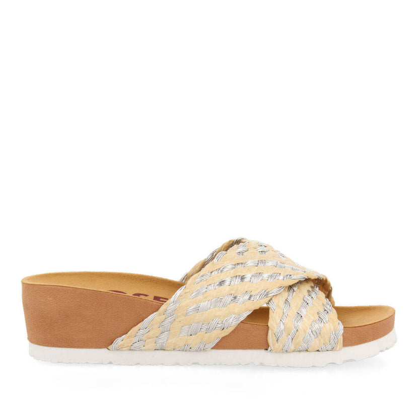 Bandrele women's footbed sandals with raffia and silver straps