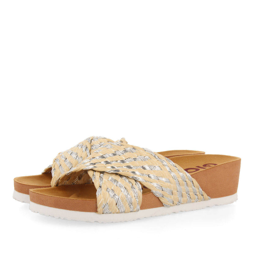 Bandrele women's footbed sandals with raffia and silver straps